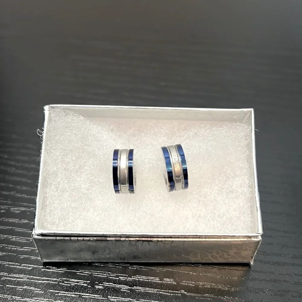 Beautiful Stainless Steel Huggie Earrings with Blue Inlay.